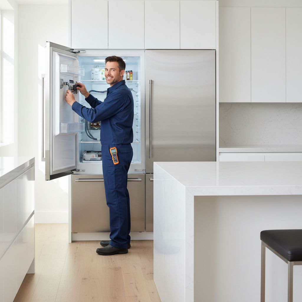 Professional technician inspecting a Viking refrigerator